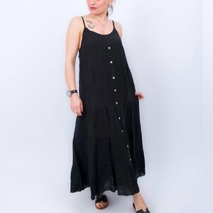 120% Lino Black Spaghetti Straps Tiered Long Dress Size M